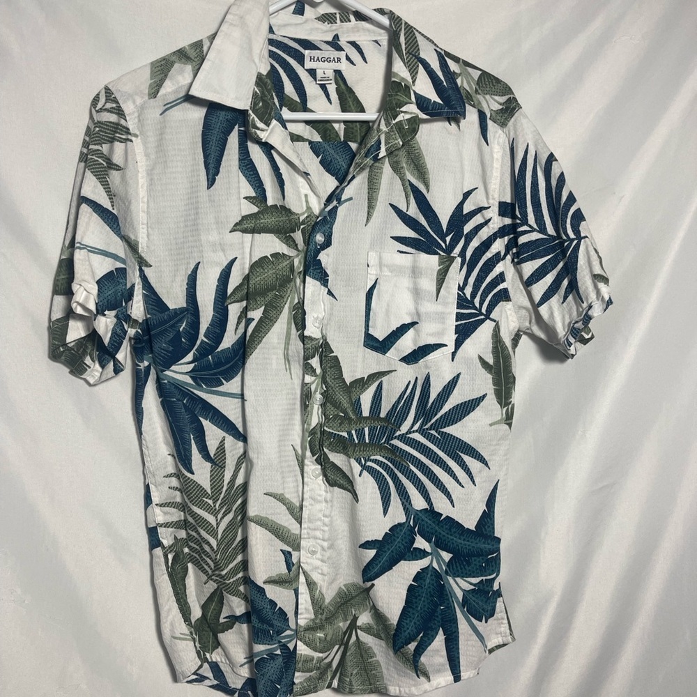 Haggar Tropical Leaf Print Button Front Shirt Men’s Size Large 100% Cotton - Picture 2 of 6